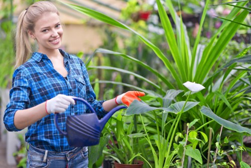 Volunteer gardener demonstrating tactile plant labels for visitors